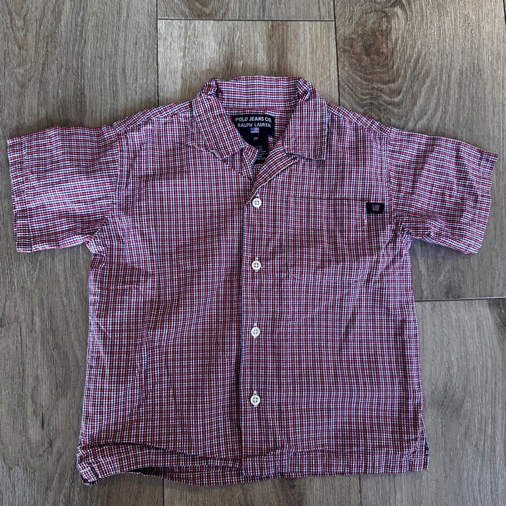 Polo Jeans Co Ralph Lauren Boys 2T Red Blue Plaid Short Sleeve Button Down Shirt